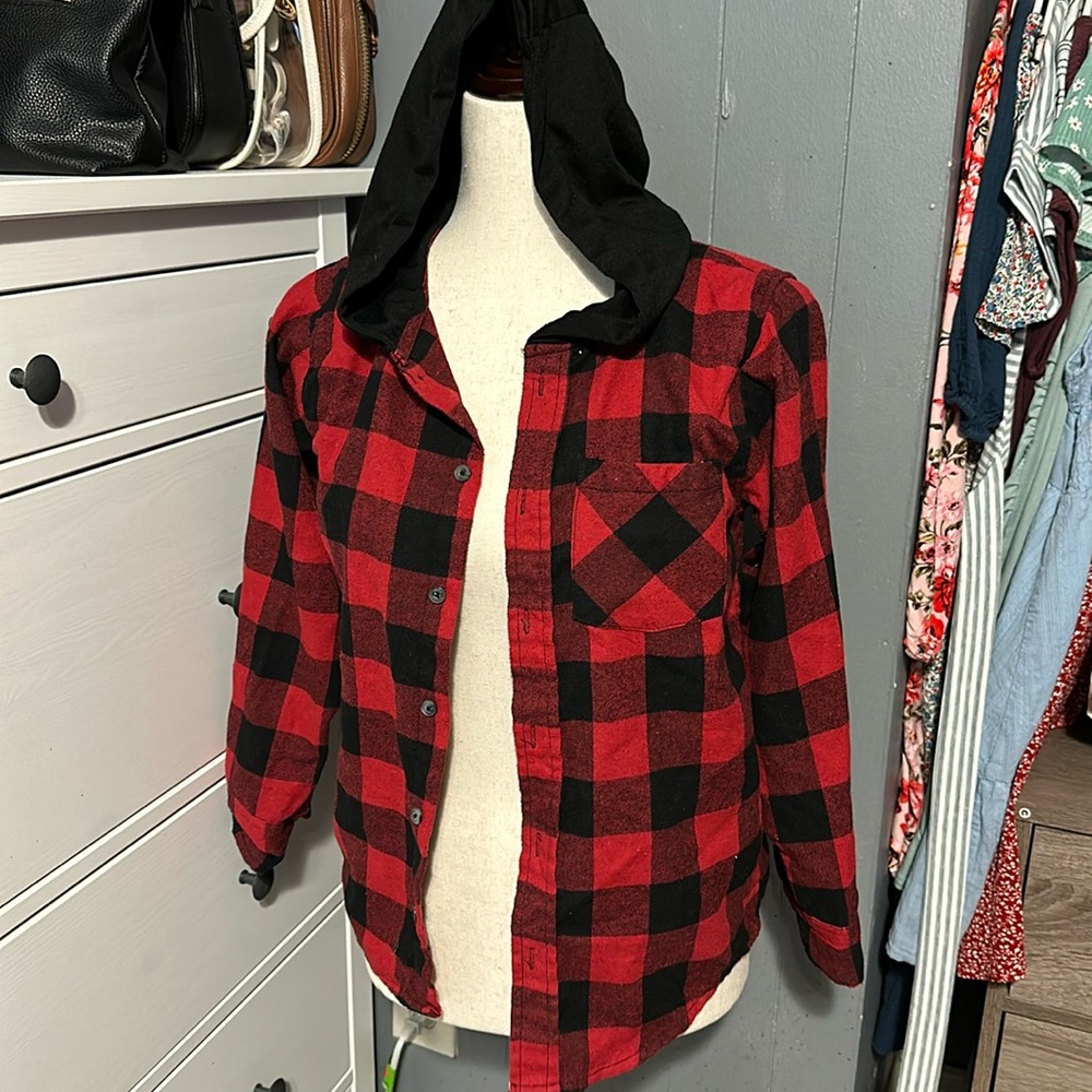 Boys, red and black plaid button-down shirt with a hood